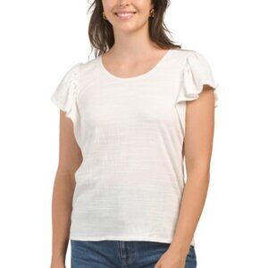 NWT Max Studio London Flutter Sleeve Crinkle Jersey Top S MSRP $88 White